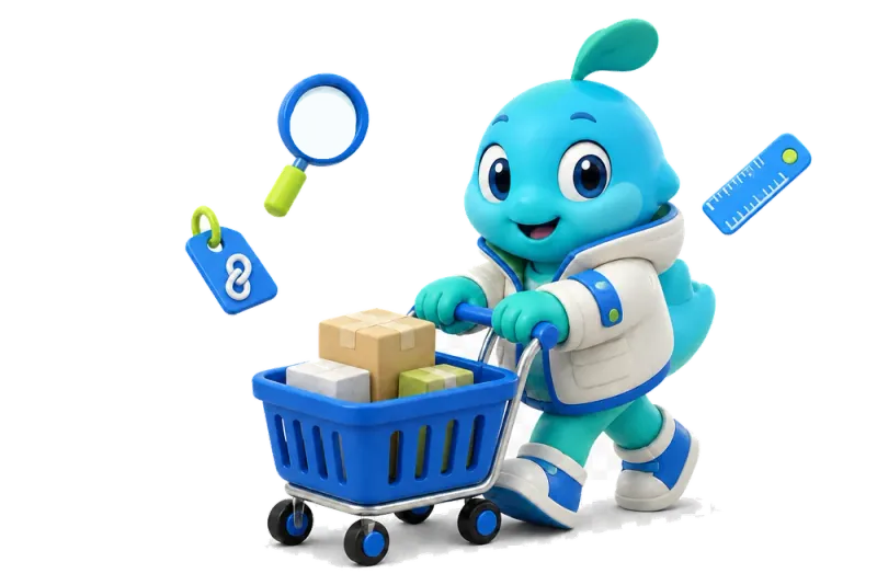 Friendly blue search helper pushing a basket of plain parcels, with a magnifying glass, link tag and ruler